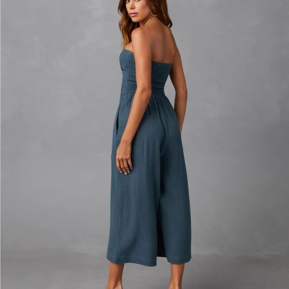 NWT VICI GRADE & GATHER ZAIA SMOCKED STRAPLESS JUMPSUIT IN LAKE BLUE SZ S - Picture 3 of 5